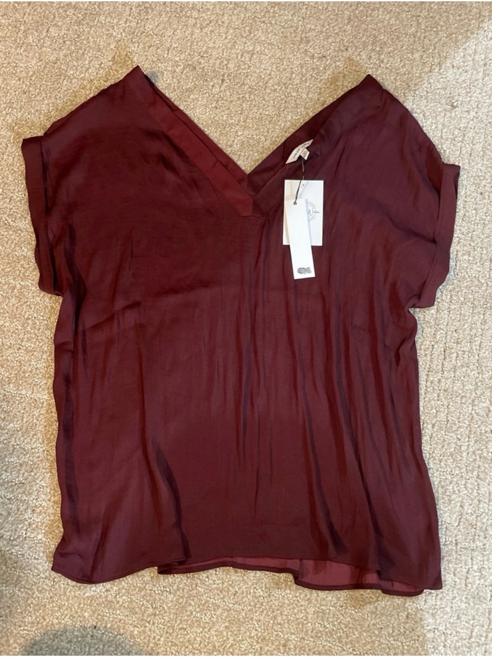 Naked Zebra V-Neck Short Sleeve Blouse - Burgundy Wine